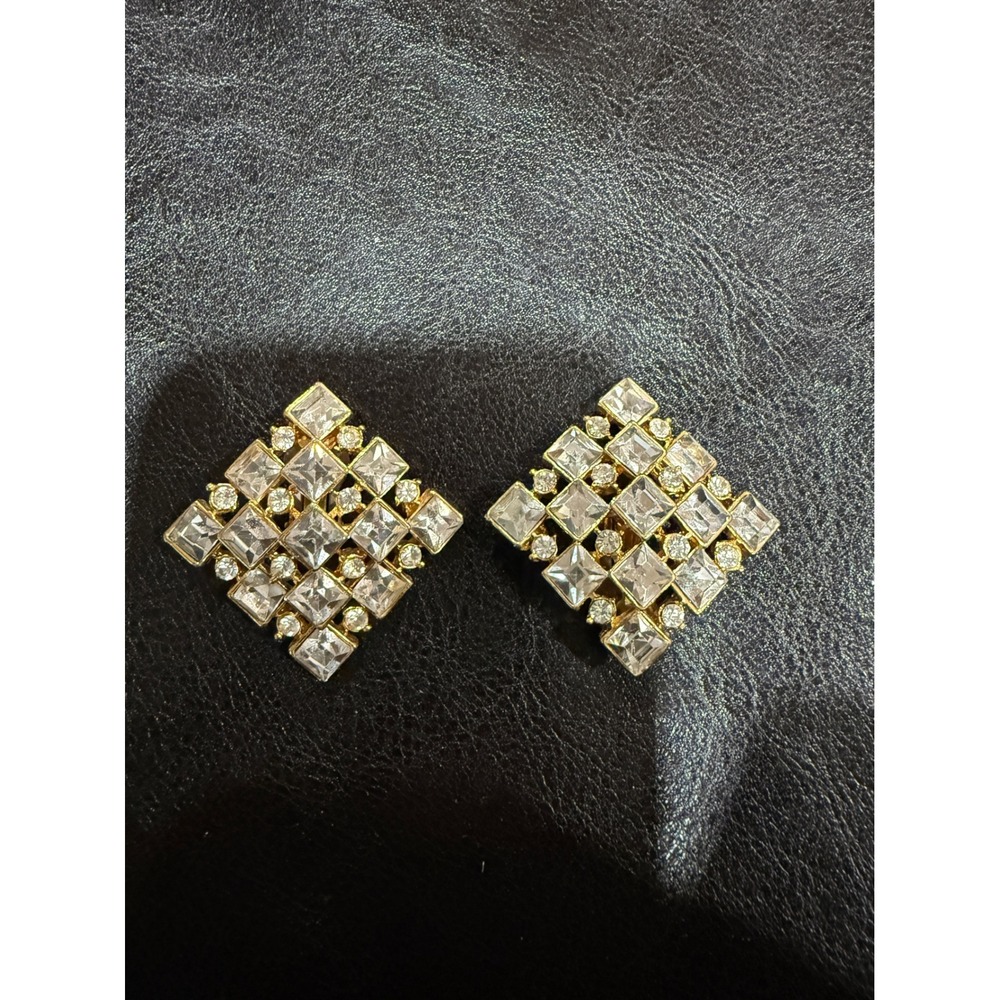 Vintage Gold Tone Crystal Geometric Diamond Shape Clip‎ On Statement Earrings